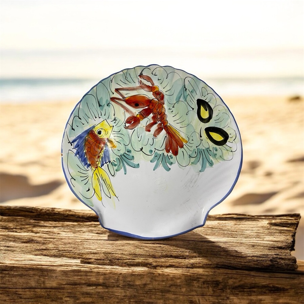 Made in Italy Hand-Painted lobster and fish Shell Plate Sea Life Design‎ VTG